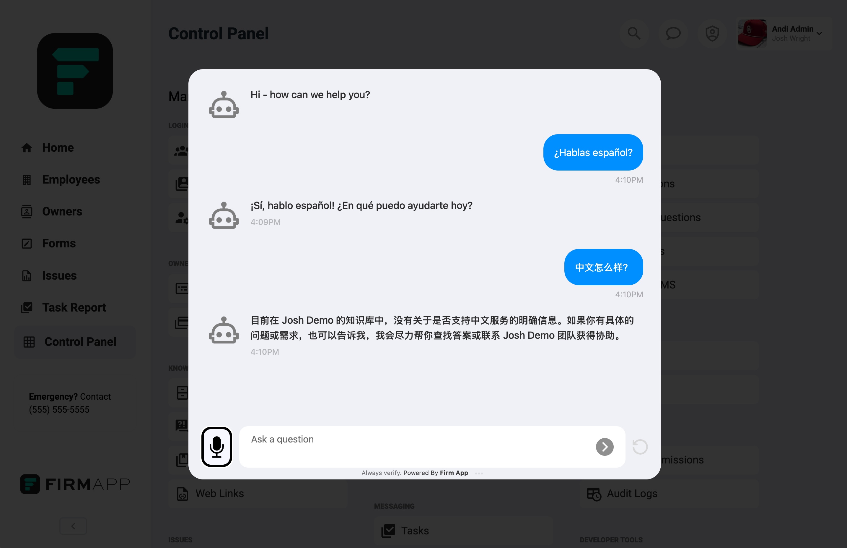 Multilingual chat in multiple languages