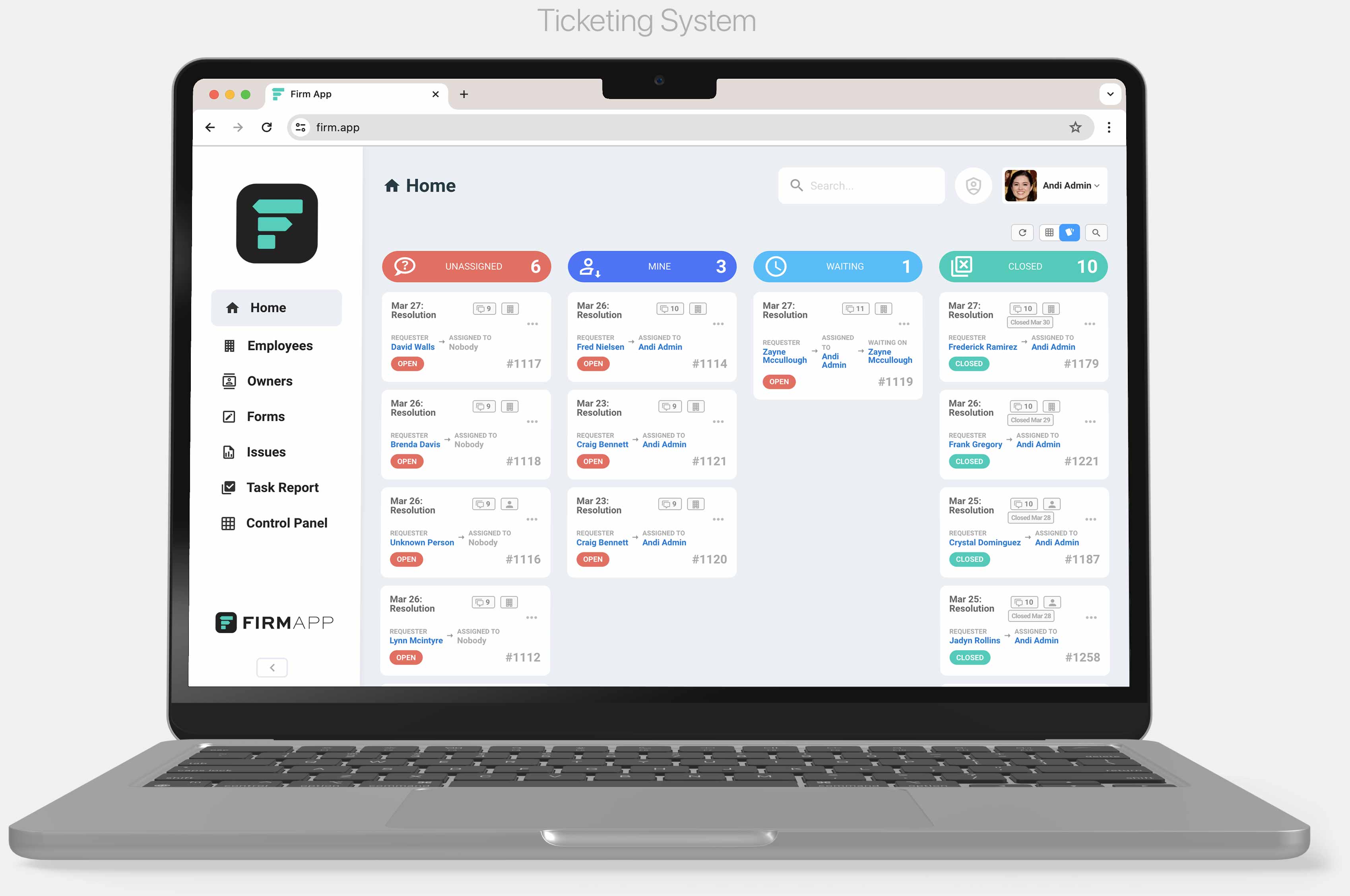 Firm App ticket dashboard