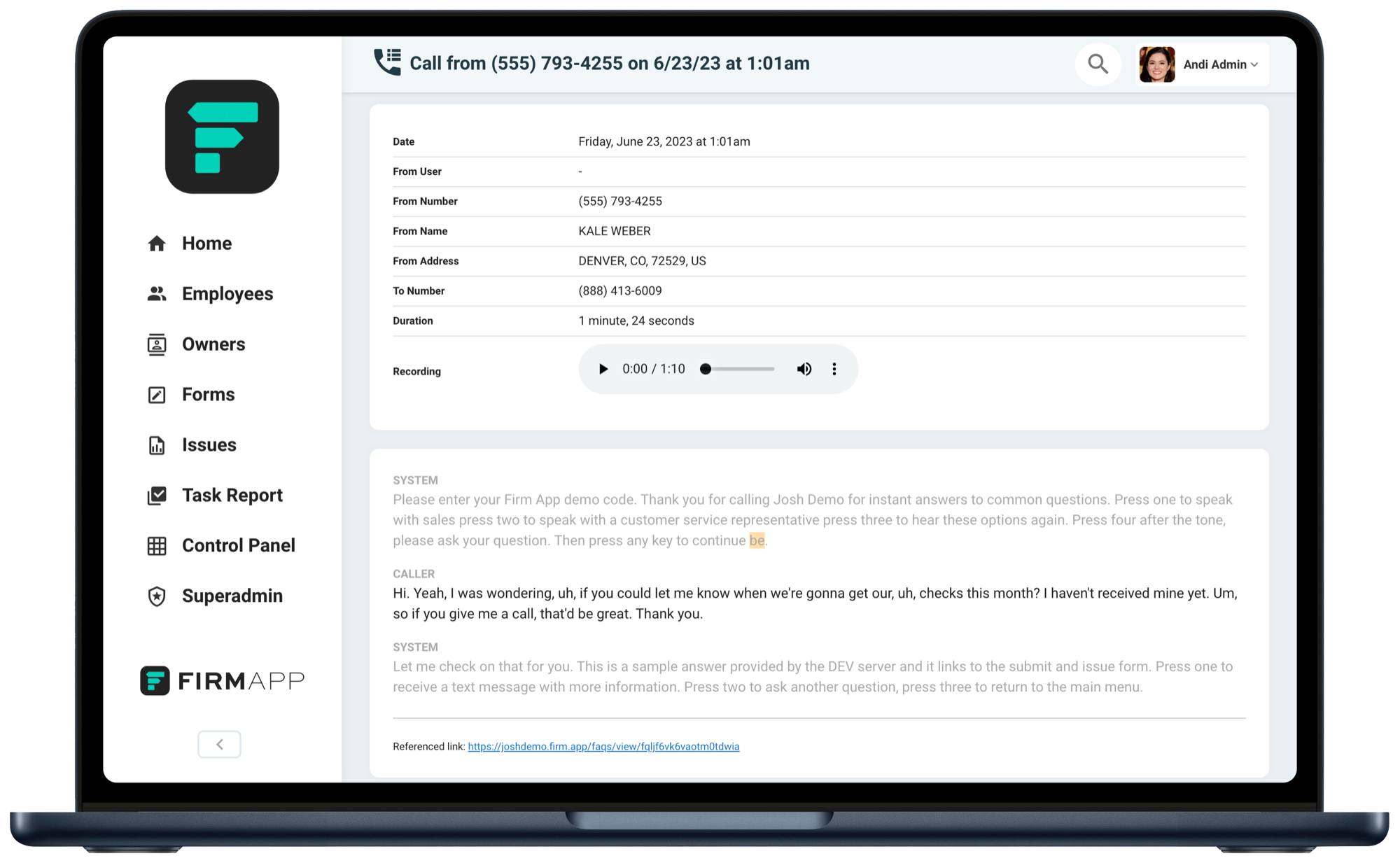 Phone call detail with recording and transcript