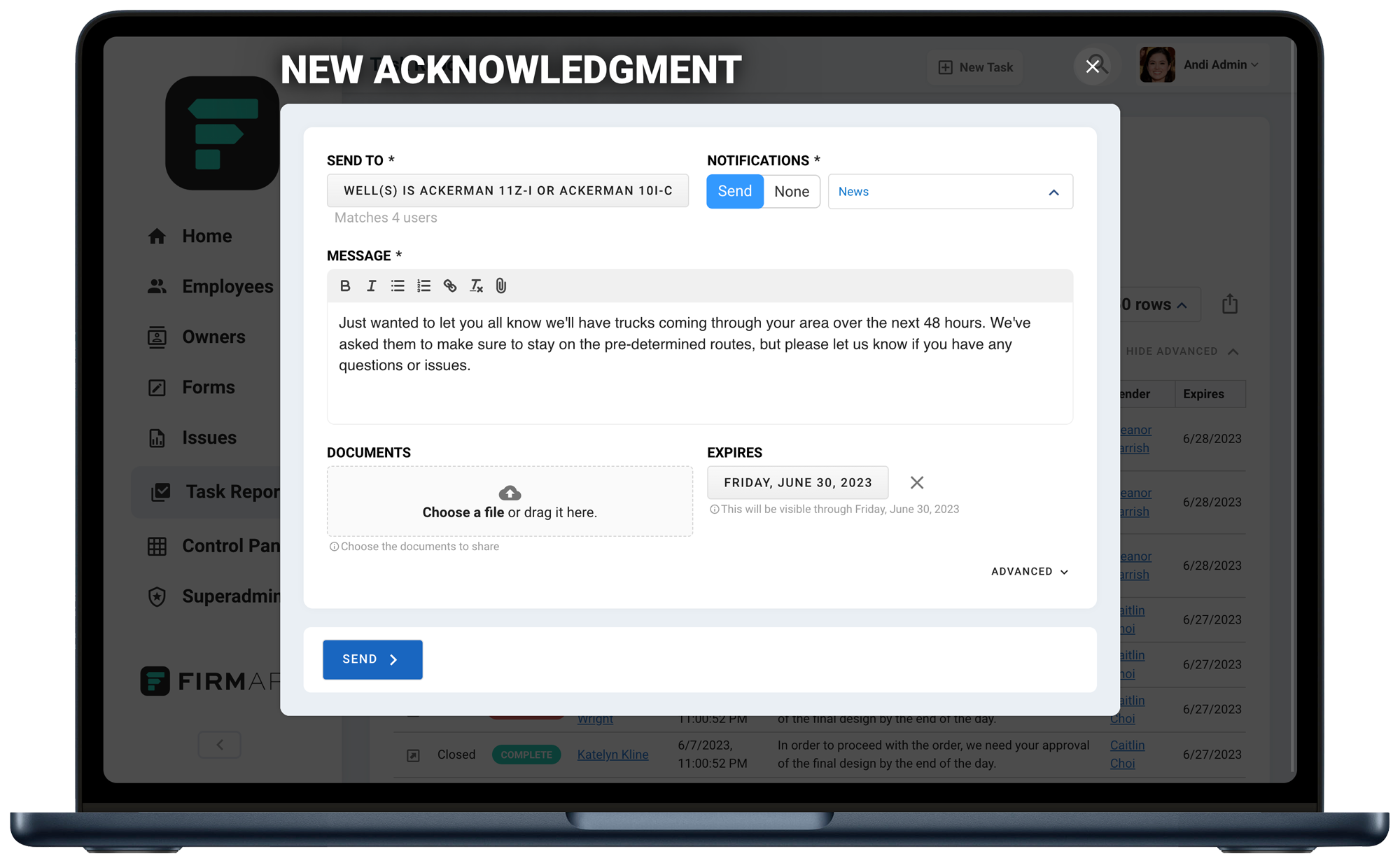 Send emails, push notifications, and acknowledgments